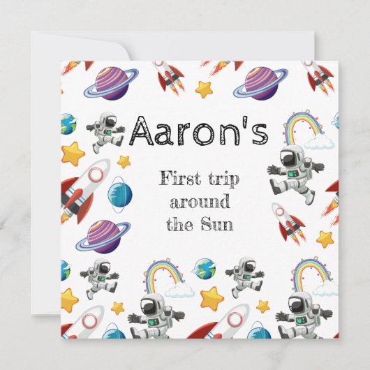 Space Astronaut eerste verjaardagsfeest uitnodigin Feestdagenkaart (Voorkant)