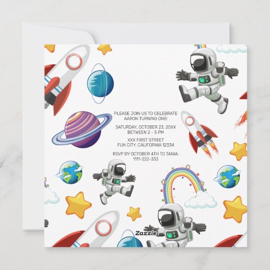 Space Astronaut eerste verjaardagsfeest uitnodigin Feestdagenkaart (Achterkant)