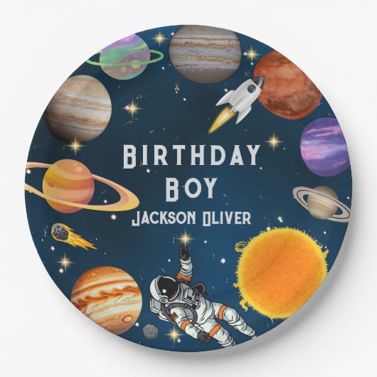 Space Astronaut First Birthday Party Papieren Bordje (Voorkant)