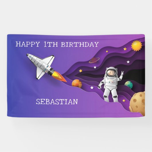 Space Astronaut galaxy planeten jongen Verjaardags Spandoek (Horizontaal)
