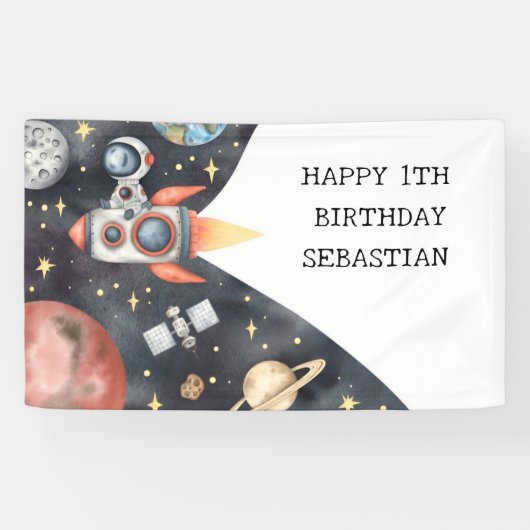 Space Astronaut galaxy planeten jongen Verjaardags Spandoek (Horizontaal)