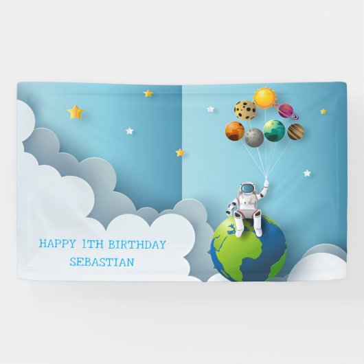 Space Astronaut Galaxy Planets 1e Verjaardagsfeest Spandoek (Horizontaal)