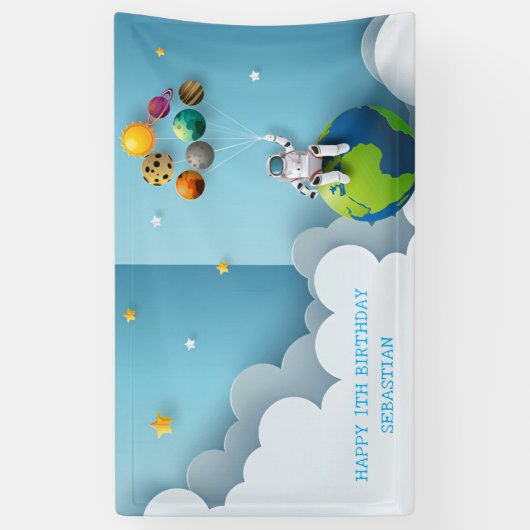 Space Astronaut Galaxy Planets 1e Verjaardagsfeest Spandoek (Verticaal)