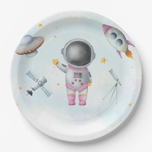 Space Astronaut Girl roze raketsterren Baby shower Papieren Bordje (Voorkant)