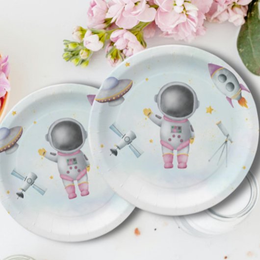 Space Astronaut Girl roze raketsterren Baby shower Papieren Bordje