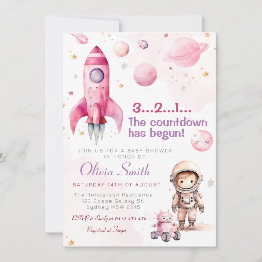 Space Astronaut Rocket Planets Girl Baby shower Kaart (Voorkant)