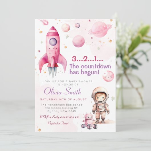 Space Astronaut Rocket Planets Girl Baby shower Kaart (Staand voorkant)