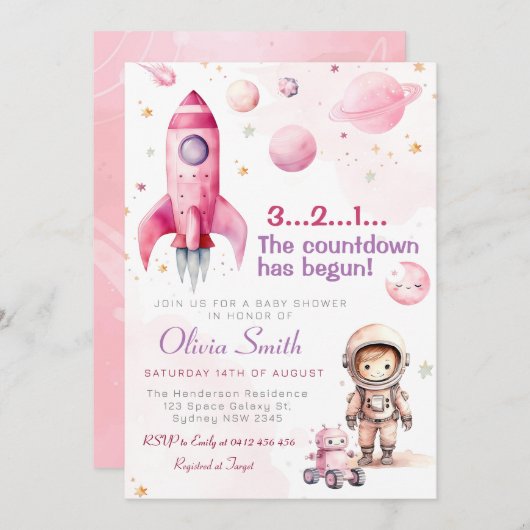 Space Astronaut Rocket Planets Girl Baby shower Kaart (Voorkant / Achterkant)