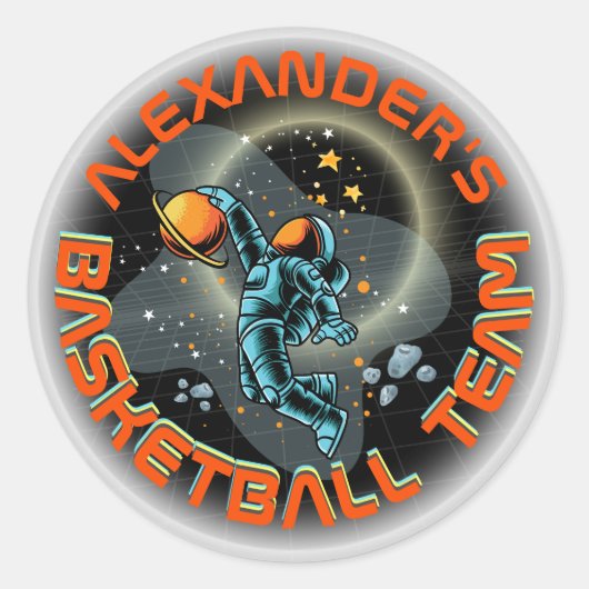 Space Astronaut Slamdunk Cool Kinder Fun Basketbal Ronde Sticker (Voorkant)