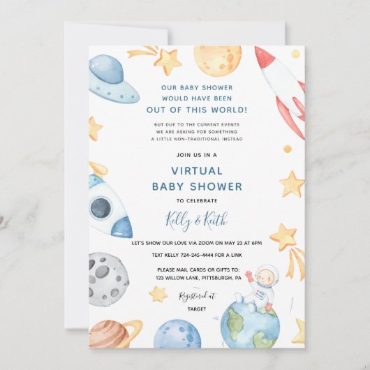 Space Astronaut Virtual Baby shower-uitnodiging Kaart (Voorkant)