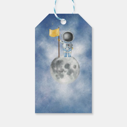 Space baby Astronaut Boy raketten blauwe sterren Cadeaulabel (Achterkant)