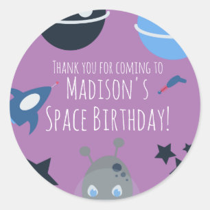 Space Birthday Alien Thleing Blue Paars Ronde Sticker