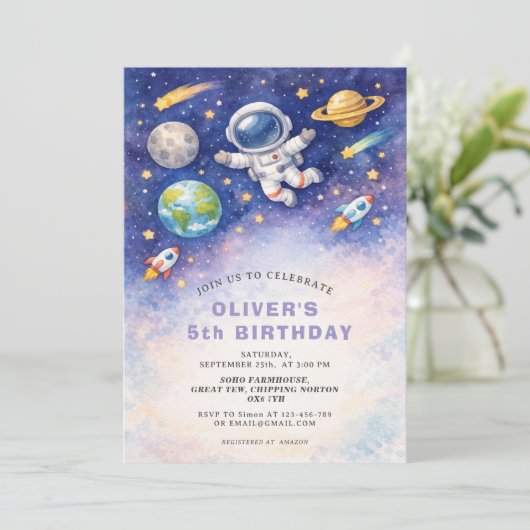 Space Birthday Galaxy Boy Invitation Kaart (Staand voorkant)