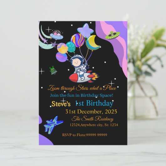 Space Birthday Invitation Card | Any Kid's Age Kaart (Staand voorkant)