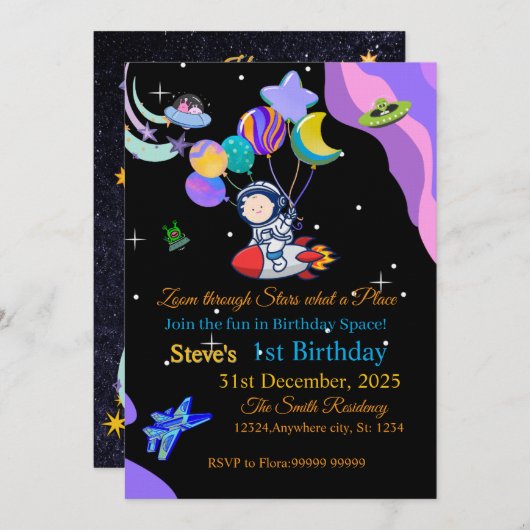 Space Birthday Invitation Card | Any Kid's Age Kaart (Voorkant / Achterkant)