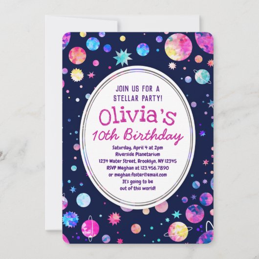 Space Birthday Invitation for Girl Stars Planets Kaart (Voorkant)
