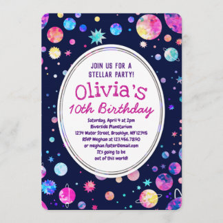 Space Birthday Invitation for Girl Stars Planets Kaart