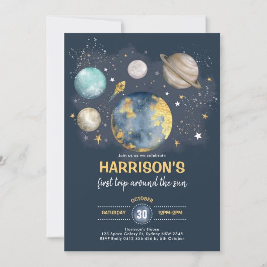 Space Birthday Moon Stars Planets Galaxy Boy Party Kaart (Voorkant)