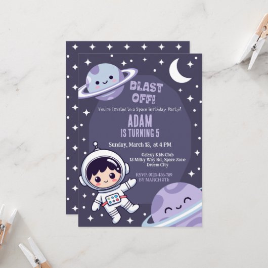 Space Birthday Party Invitation | Galaxy Astronaut Kaart (Voorkant / Achterkant in situ)