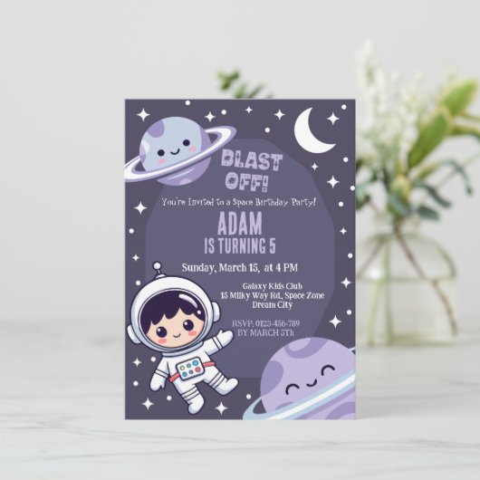 Space Birthday Party Invitation | Galaxy Astronaut Kaart (Staand voorkant)