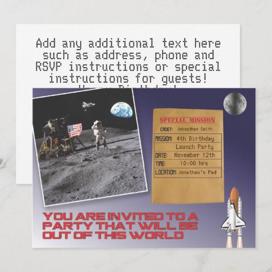 Space Birthday Party Kaart (Voorkant / Achterkant)