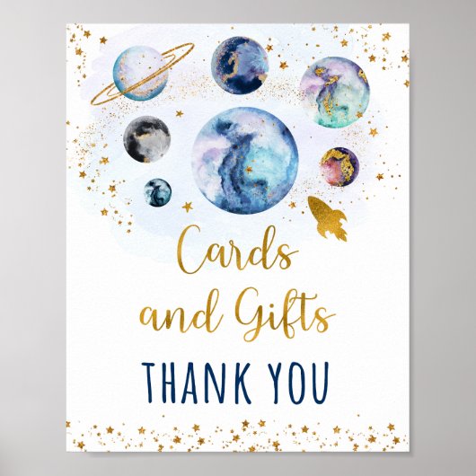 Space Blue Gold Kaarten en cadeauborden van zaterd Poster (Voorkant)