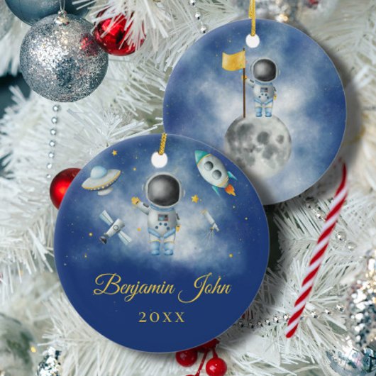 Space Boy Gold Galaxy Moon Stars-raket UFO-draad Keramisch Ornament