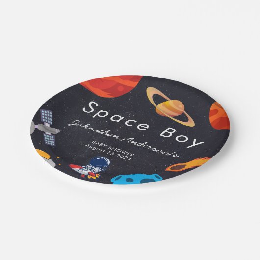 Space Boy Planets Schattige Astronaut Baby shower Papieren Bordje (Gekanteld)