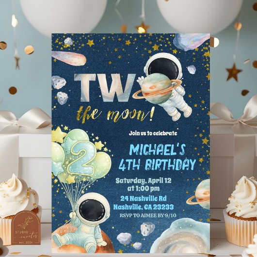 Space Boy TWO the moon Birthday Invitation Kaart