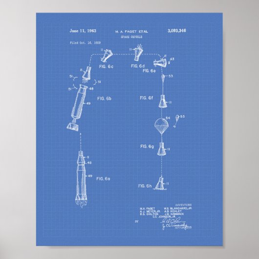 Space Capsule 1963 Patent Art Blueprint Poster (Voorkant)