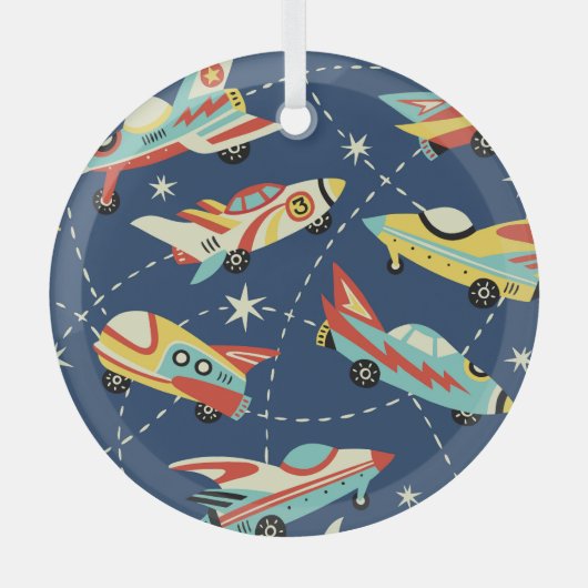 Space Cars: donkerblauw. Glas Ornament (Voorkant)