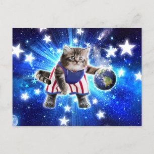Space cat basketbal spelen briefkaart