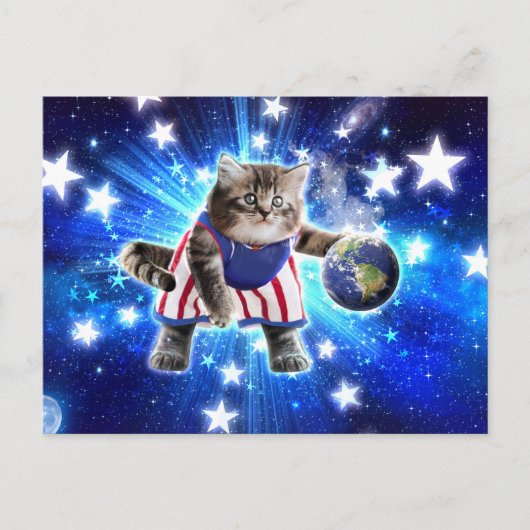 Space cat basketbal spelen briefkaart (Voorkant)