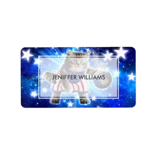 Space cat basketbal spelen etiket (Voorkant)