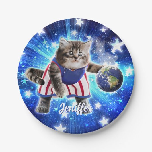 Space cat basketbal spelen papieren bordje (Voorkant)