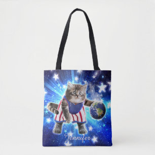 Space cat basketbal spelen tote bag