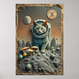 Space Cat Dreams op een Disco Maan Poster