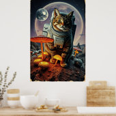 Space Cat Funk tijdens een maanverlichte paddensto Poster (Keuken)