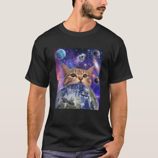 Space Cat Gezicht In Galaxy Grappig Schattige Kitt T-shirt (Voorkant)