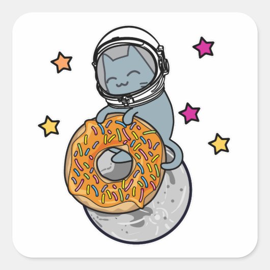 Space Cat Holding Donut Cute Cartoon Style Graphic Vierkante Sticker (Voorkant)