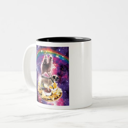 Space Cat Llama Pug Riding Nachos Tweekleurige Koffiemok (Voorkant links)