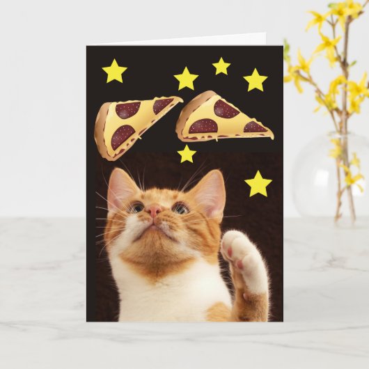 SPACE CAT MET PIZZA GRAPPIGE VERJAARDAGSKAARTEN KAART (Gele Bloem)