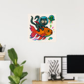 Space Cat Riding Fish Poster (Thuiskantoor)