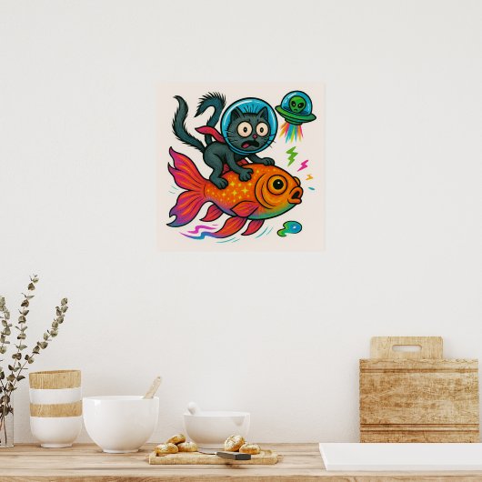 Space Cat Riding Fish Poster (Keuken)