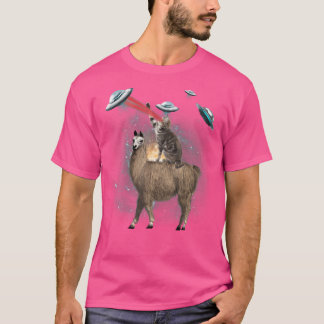 Space Cat Riding Llama Laser Ogen Ufo Grappige Kat T-shirt