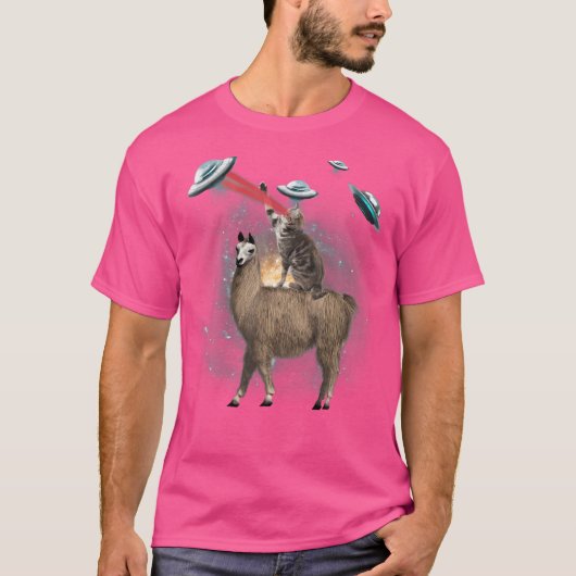 Space Cat Riding Llama Laser Ogen Ufo Grappige Kat T-shirt (Voorkant)