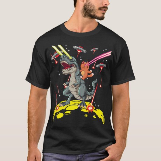 Space Cat Riding T-Rex Laser Ogen Alien Invasion T-shirt (Voorkant)