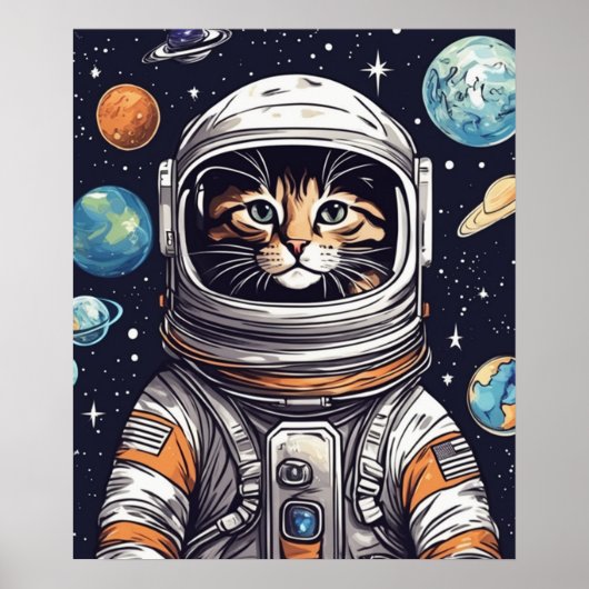 Space Cat Wall Art, Astronaut Cat Digitale Kunst Poster (Voorkant)