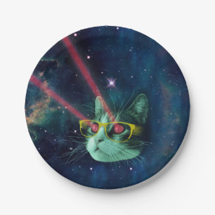 Space cat with yelow glasses papieren bordje