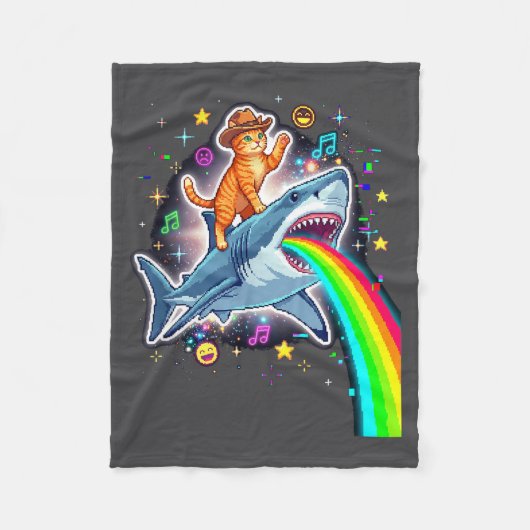 Space Cowboy Cat Riding Shark Rainbow Xel Art Fleece Deken (Voorkant)